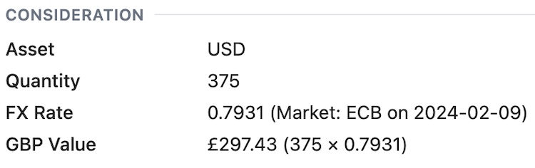 Screenshot of the FX rate used for a specific transaction