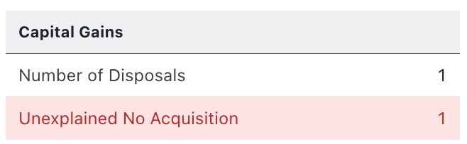 Screenshot of the system highlighting one disposal where the corresponding acquisition is missing