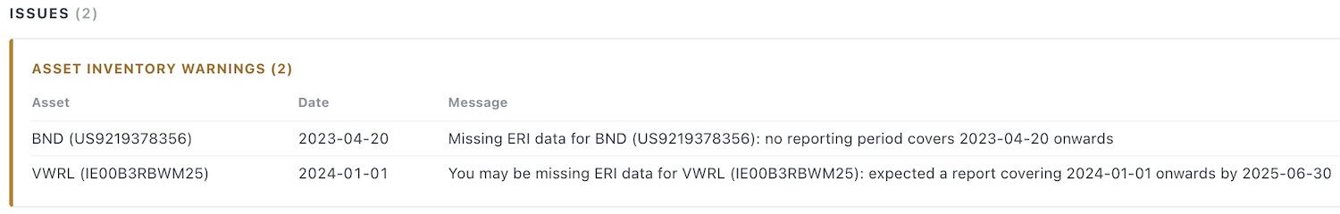 Screenshot of an warning in the tax report