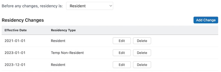Screenshot of the residency changes section
