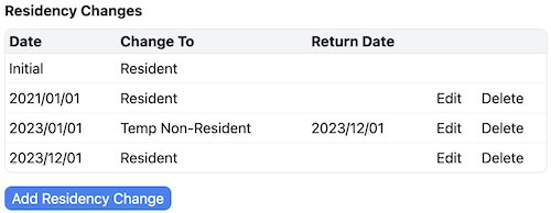 Screenshot of the residency changes section