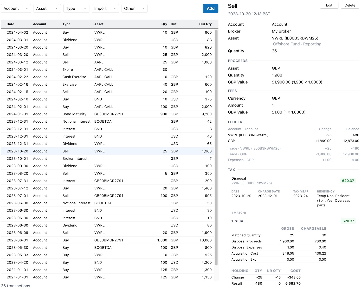 Screenshot of the disposal details section of a tax report
